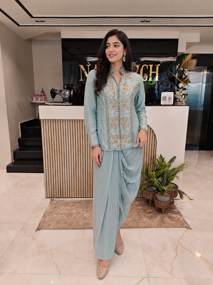 Sea Green Indo Western Set
Designer Drape Skirt Outfit
Kutdana Dabka Work Dress
Fusion Party Wear India
Contemporary Wedding Wear Women