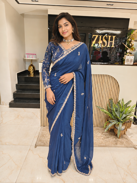 Blue Crepe Saree
Kutdana Work Saree
Designer Saree
Readymade Blouse Saree
Party Wear Saree