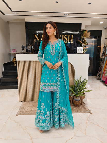 Teal Blue Silk Sharara Set
Designer Sharara Suit
Wedding Wear Sharara
Festive Party Wear Sharara
Silk Ethnic Set