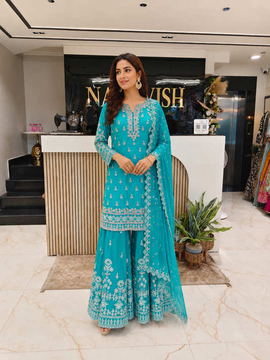 Teal Blue Silk Sharara Set
Designer Sharara Suit
Wedding Wear Sharara
Festive Party Wear Sharara
Silk Ethnic Set