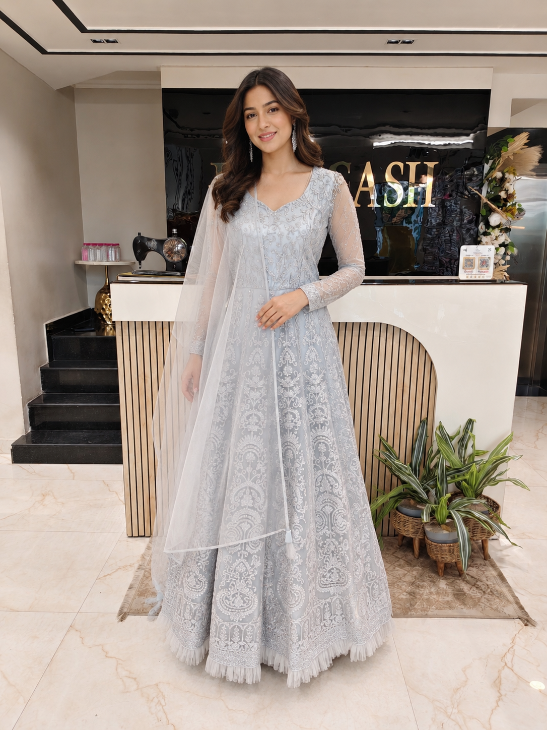 Grey Net Anarkali
Designer Anarkali Suit Women
Sequins Work Ethnic Outfit
Wedding Wear Anarkali India
Luxury Festive Wear Women