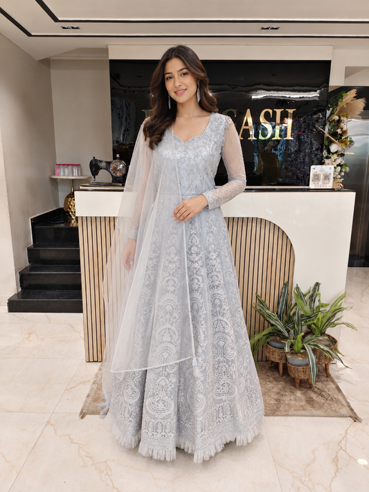Grey Net Anarkali
Designer Anarkali Suit Women
Sequins Work Ethnic Outfit
Wedding Wear Anarkali India
Luxury Festive Wear Women