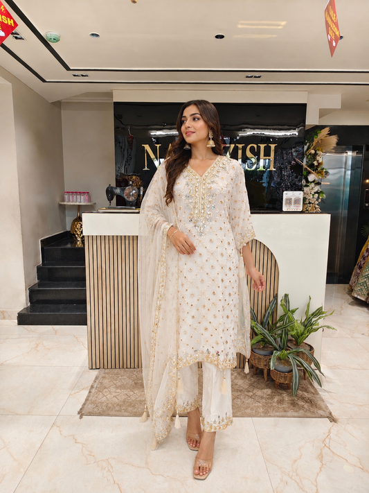 Off White Kaftan Set
Designer Kaftan Women
Mirror Work Ethnic Outfit
Contemporary Fusion Wear India
Luxury Festive Wear Women