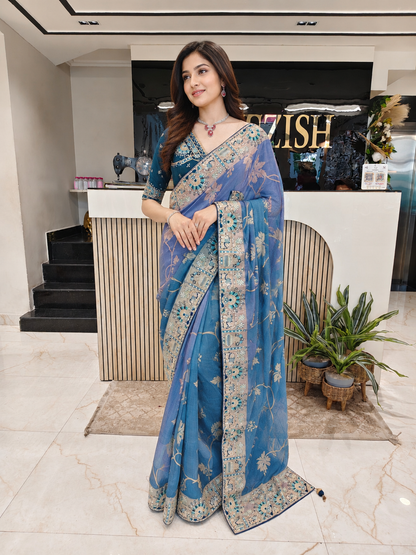 Blue Designer Saree
Georgette Saree for Women
Kutdana Dabka Work Saree
Wedding Wear Saree India
Luxury Party Wear Saree