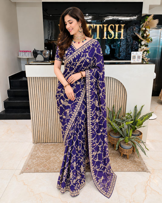 Purple Organza Saree
Zari Work Saree
Stone Work Saree
Designer Party Wear Saree
Wedding Wear Saree