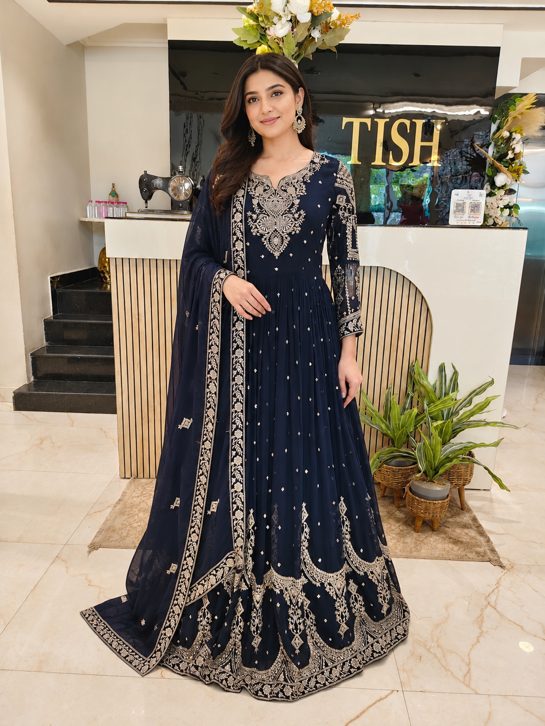 Navy Blue Designer Anarkali
Georgette Anarkali for Women
Zari Stone Work Outfit
Wedding Wear Anarkali India
Luxury Party Wear Dress