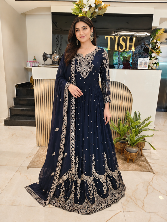 Navy Blue Designer Anarkali
Georgette Anarkali for Women
Zari Stone Work Outfit
Wedding Wear Anarkali India
Luxury Party Wear Dress