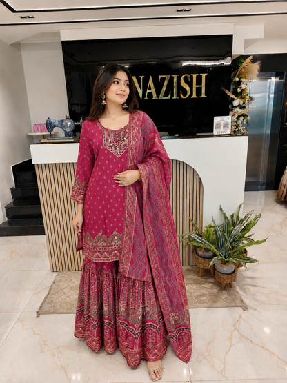 Wine Crepe Sharara Set
Designer Sharara Suit
Wedding Wear Sharara
Festive Party Wear Ethnic Set
Crepe Designer Suit