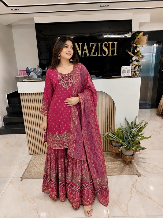 Wine Crepe Sharara Set
Designer Sharara Suit
Wedding Wear Sharara
Festive Party Wear Ethnic Set
Crepe Designer Suit
