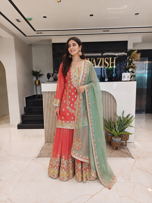Rust & Mint Green Tissue Sharara Set
Designer Tissue Sharara Suit
Resham Gota Sequins Work Sharara Set
Wedding Wear Sharara Outfit
Luxury Ethnic Wear