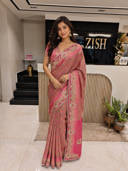 Rani Pink Tissue Saree
Floral Print Saree
Resham Work Saree
Designer Party Wear Saree
Wedding Wear Saree
