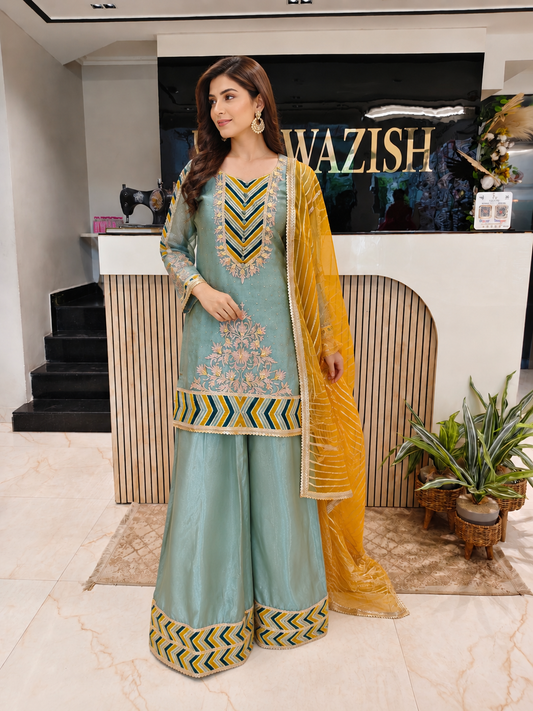 Green & Mustard Glass Tissue Kurta Palazzo Set
Designer Kurta Palazzo Set
Wedding Wear Palazzo Suit
Festive Party Wear Ethnic Set
Glass Tissue Designer Suit
