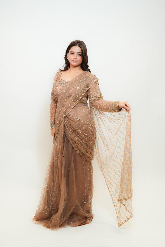 Brown glow drape saree
