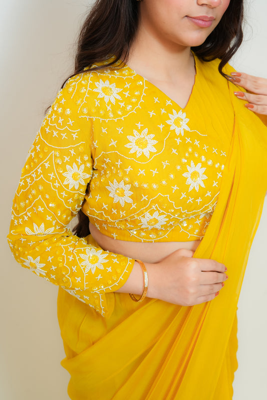 Bright yellow drape saree