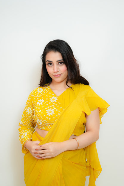 Bright yellow drape saree