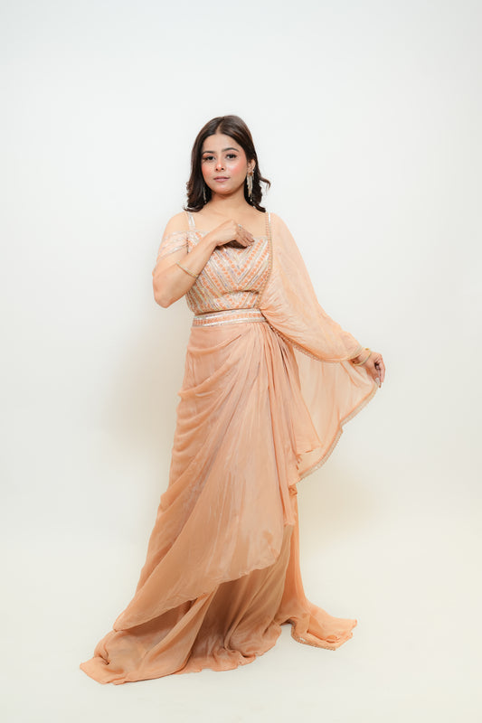 Blush apricot drape saree