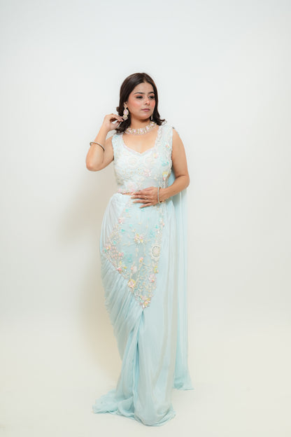 Pastel blue drape saree