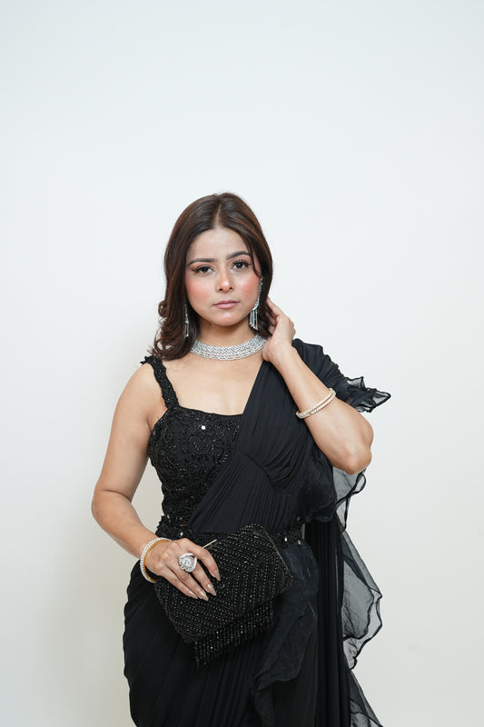 Black ruffle drape saree