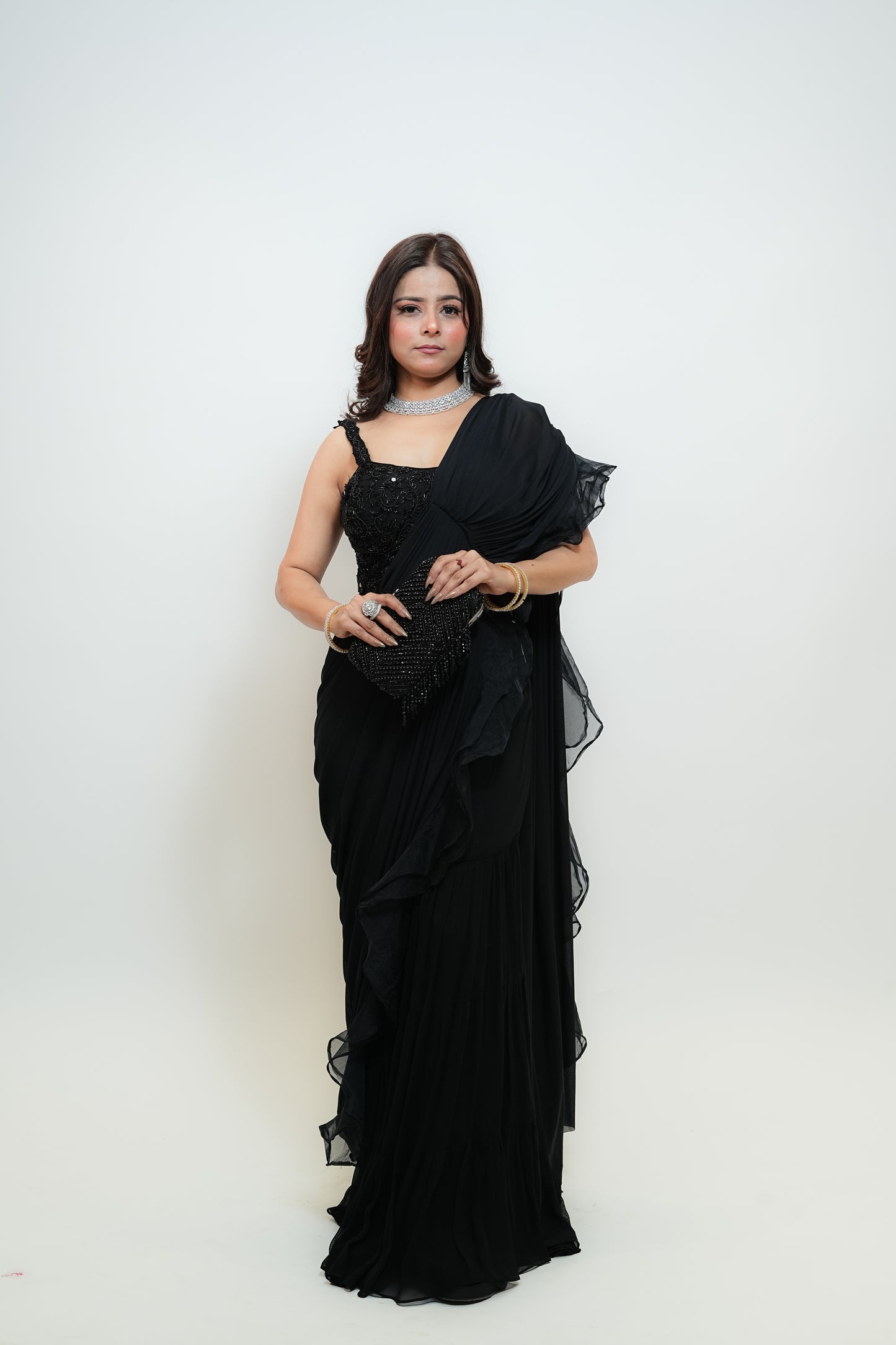 Black ruffle drape saree