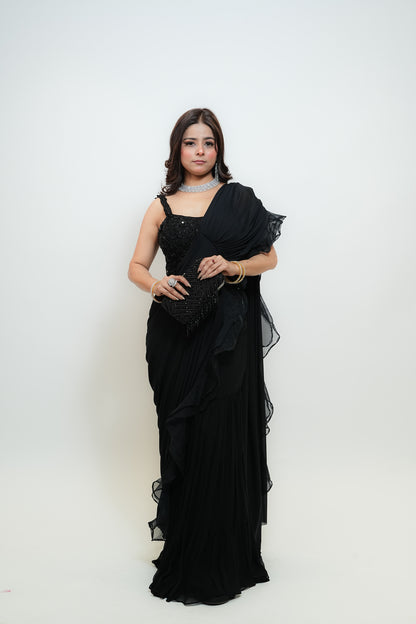 Black ruffle drape saree